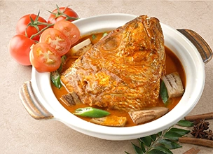 Spicy Indian Fish Head Curry served at Samy's Curry, a legendary Indian restaurant in Singapore. 